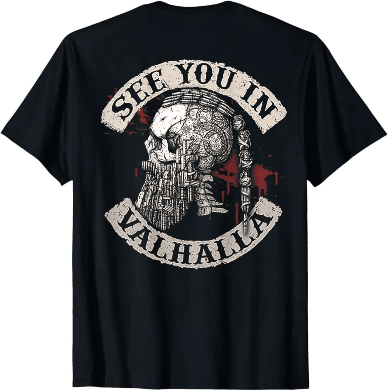Tee-shirt viking noir à plat, crâne casqué barbu sous une bannière See You In Valhalla