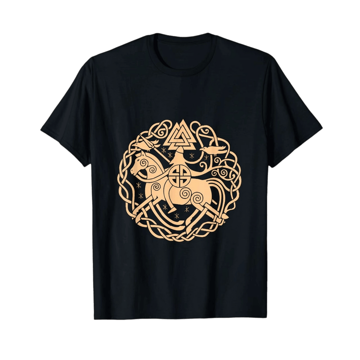 Black Viking T-shirt laid flat, the horse Sleipnir in gold knotwork, Valknut and raven in a circle