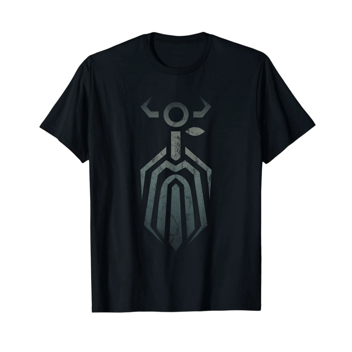 Black Viking T-shirt laid flat, stylized iron-gray Odin emblem printed on the chest
