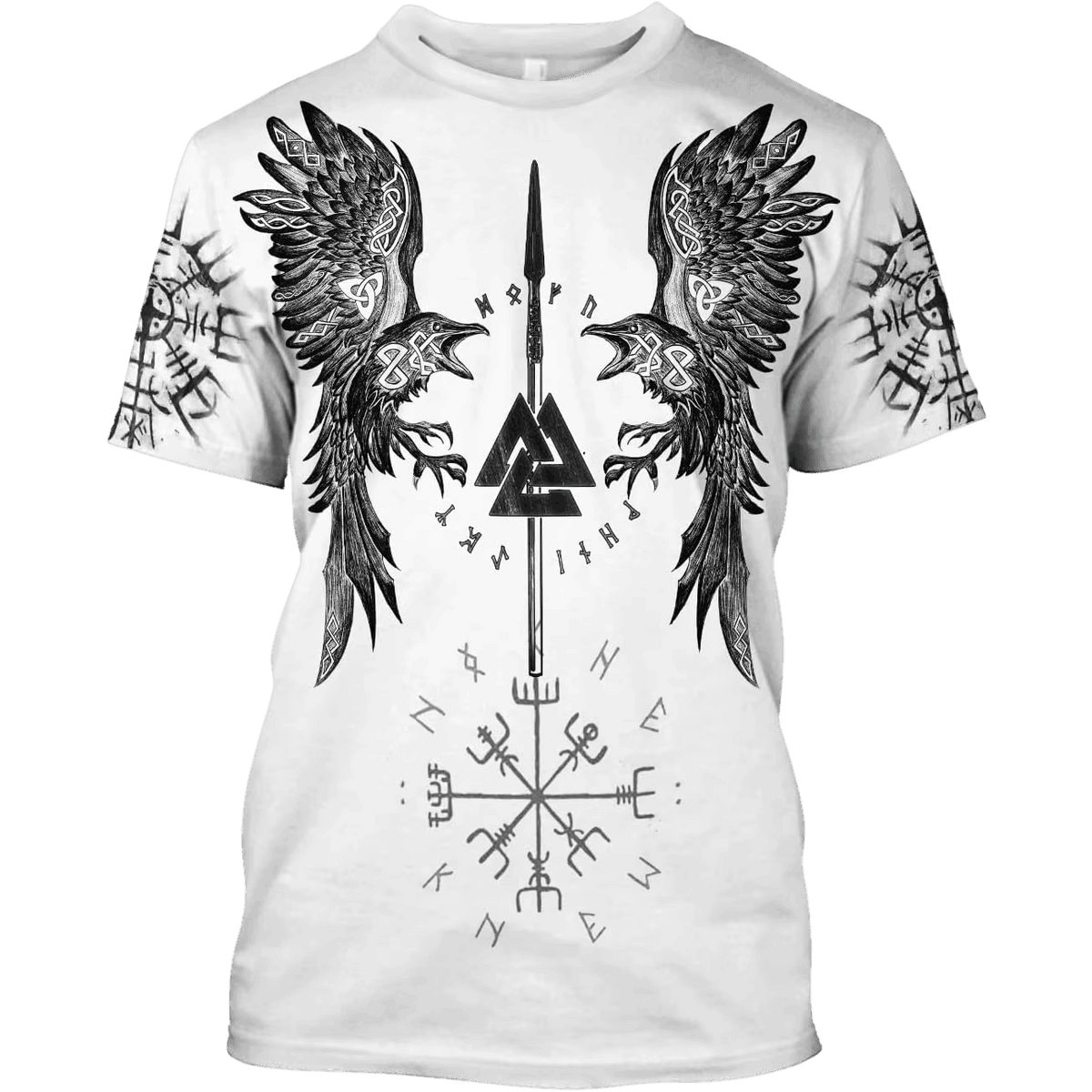 White Viking T-shirt laid flat, all-over print with Valknut, two ravens with open wings and Vegvísir