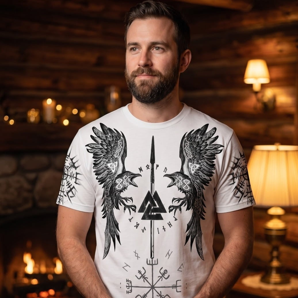 Homme portant un tee-shirt viking blanc à impression intégrale, Valknut entre deux corbeaux et Vegvísir