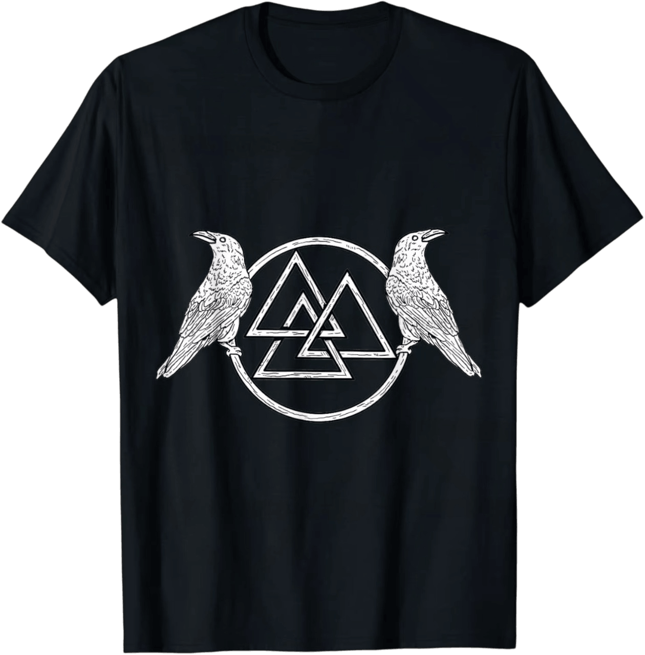 Tee-shirt viking noir à plat, Valknut dans un cercle entre deux corbeaux perchés, trait blanc