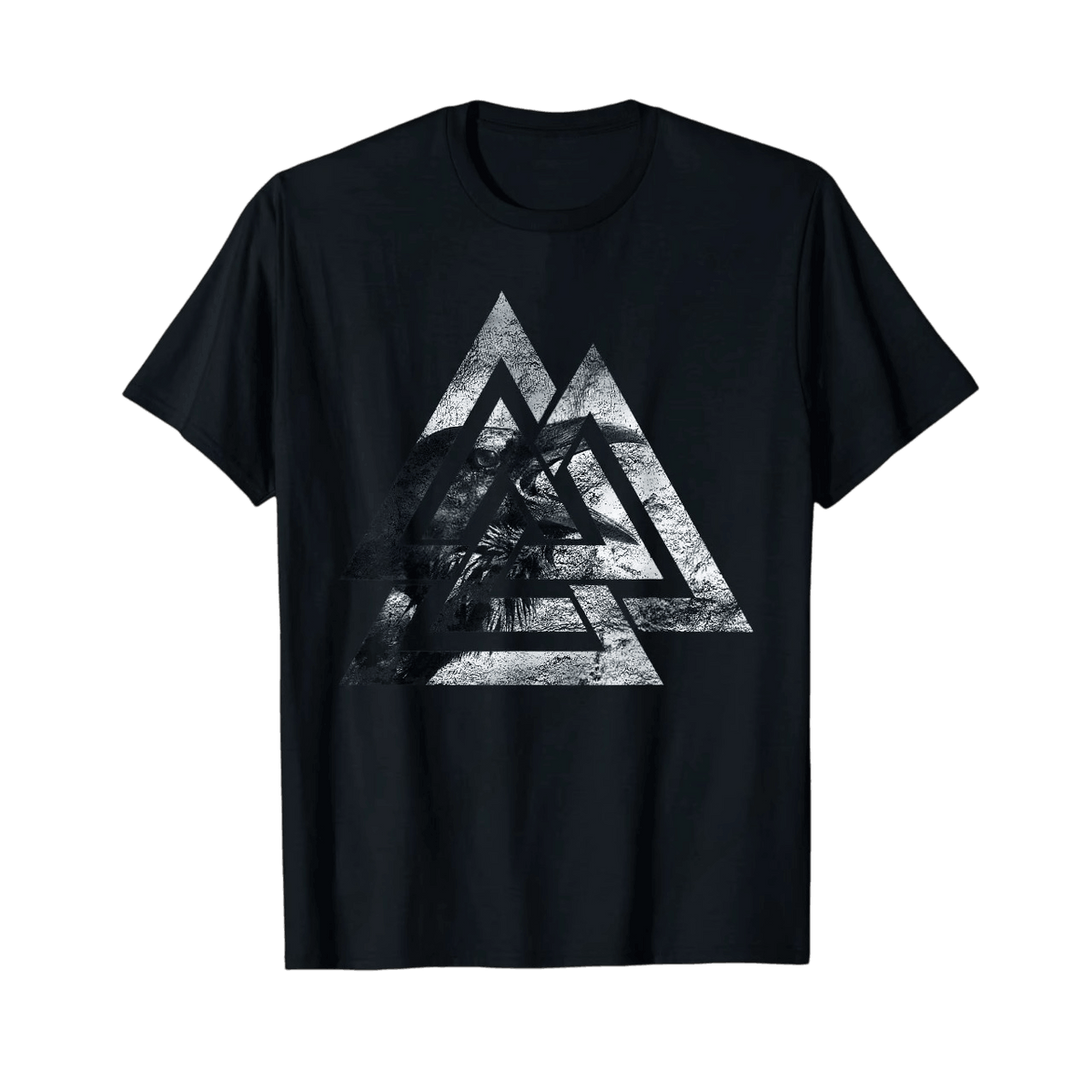 Black Viking T-shirt laid flat, Valknut of three textured triangles revealing a warrior