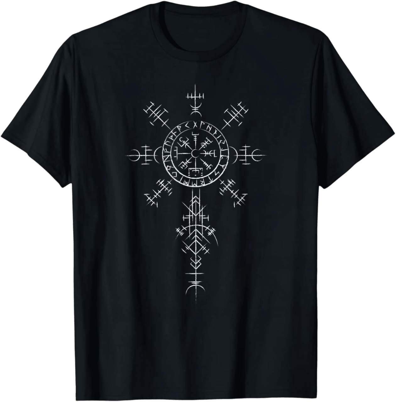 Tee-shirt viking noir à plat, Vegvísir en trait fin blanc prolongé d'une colonne de bâtons runiques