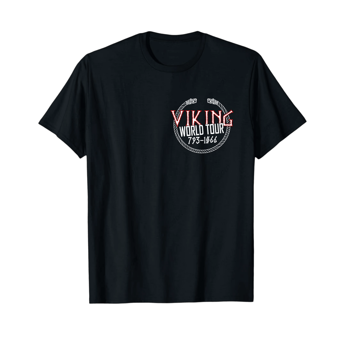 Black Viking T-shirt laid flat, small Viking World Tour medallion printed over the heart