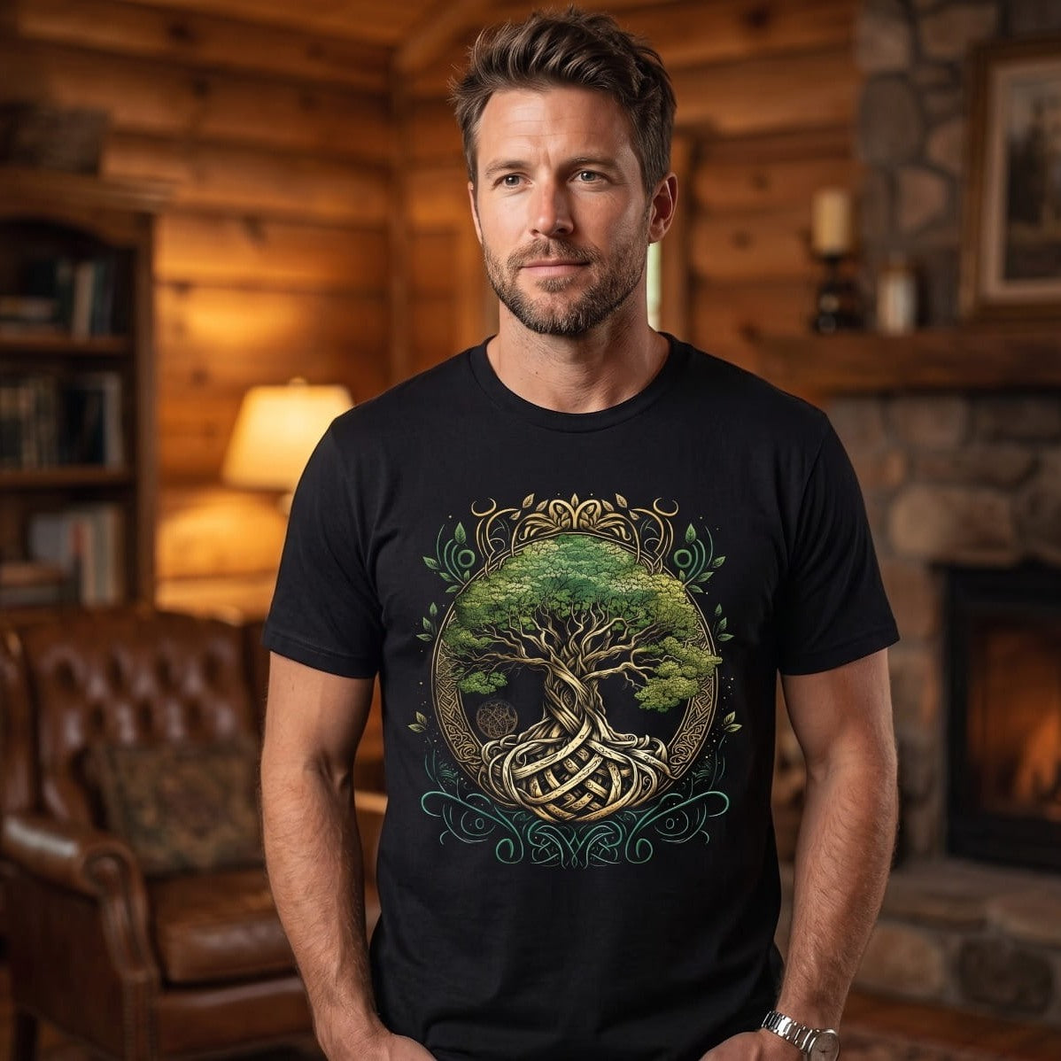 Homme portant un tee-shirt viking noir orné d'un Yggdrasil vert et or dans un cercle d'entrelacs