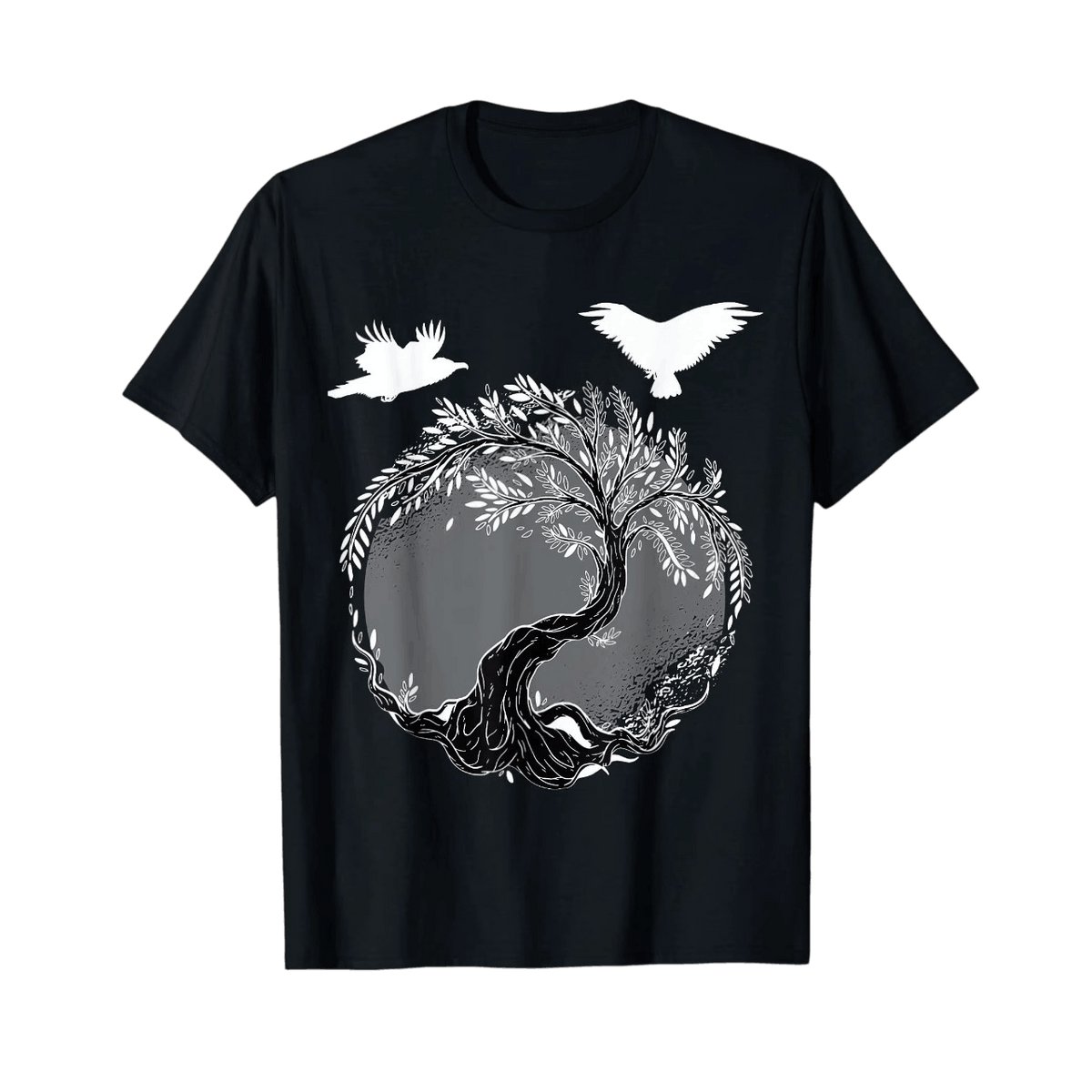 Black Viking T-shirt laid flat, silver world tree with knotted roots and two ravens in flight