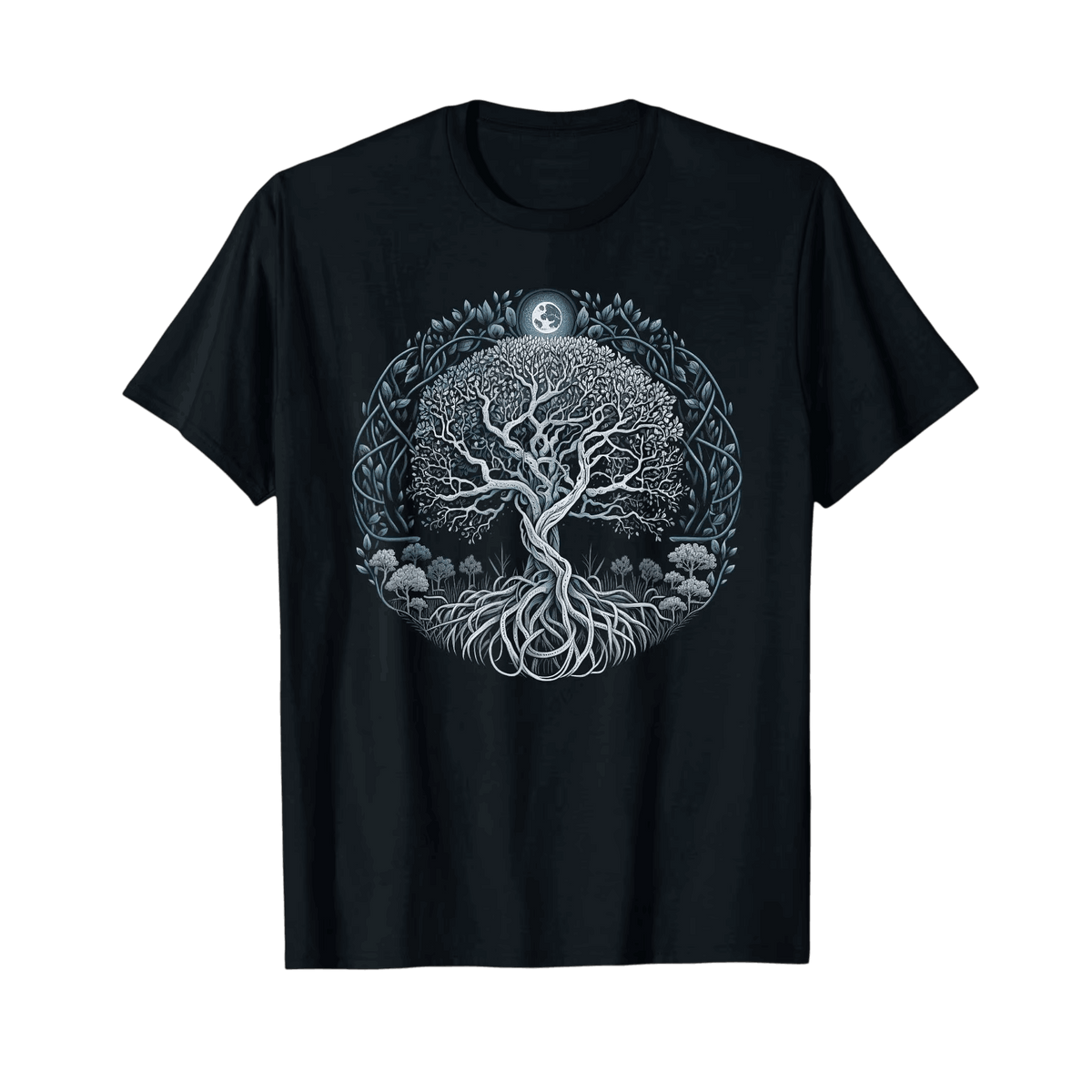 Black Viking T-shirt laid flat, silver world tree and moon in a circle of branches