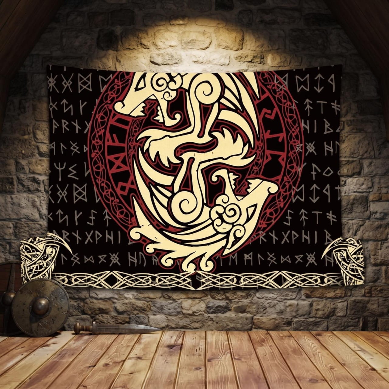 Tenture Viking Bêtes Entrelacées & Cercle Runique — Noir et Rouge