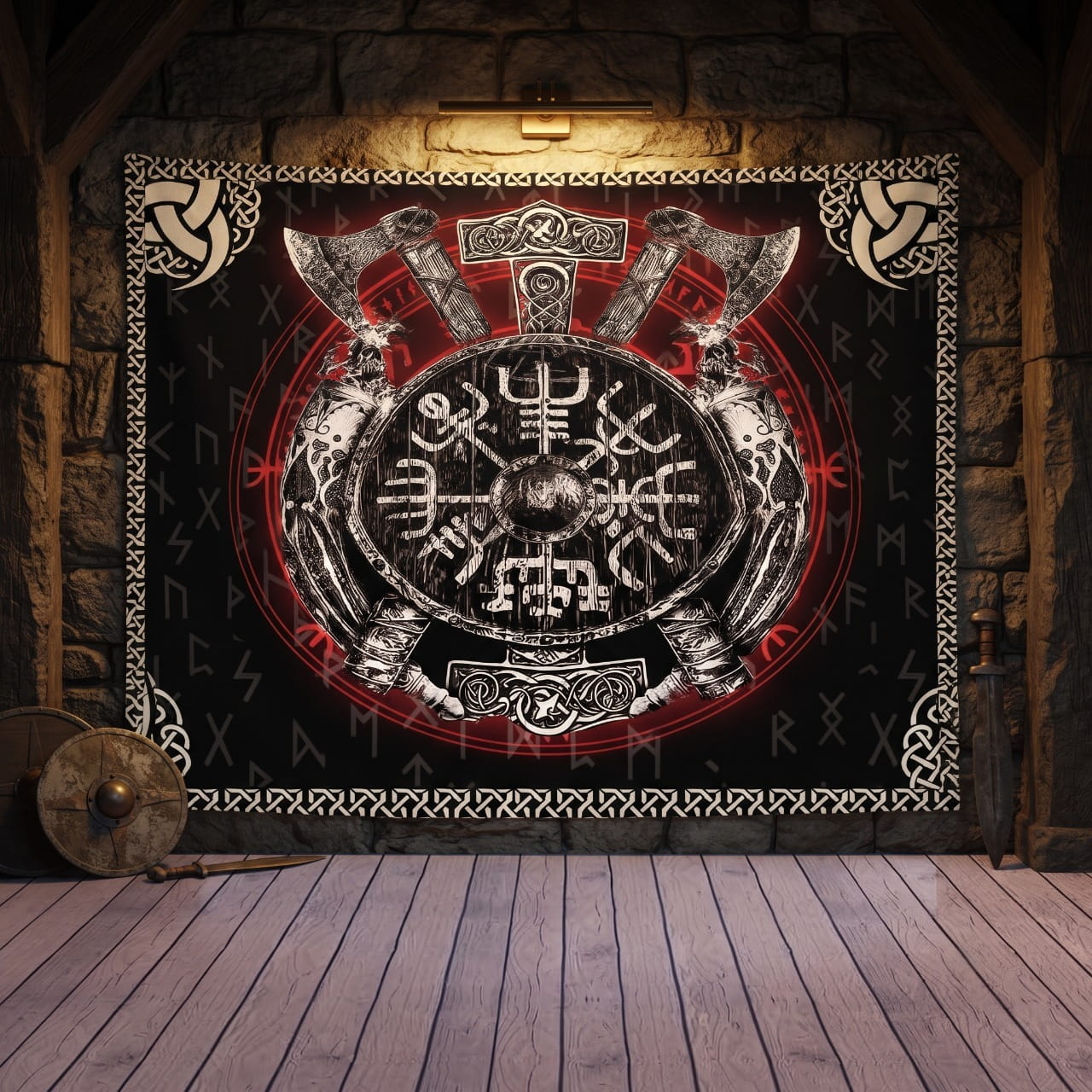 Tenture Viking Bouclier, Haches & Mjölnir — Noir et Rouge