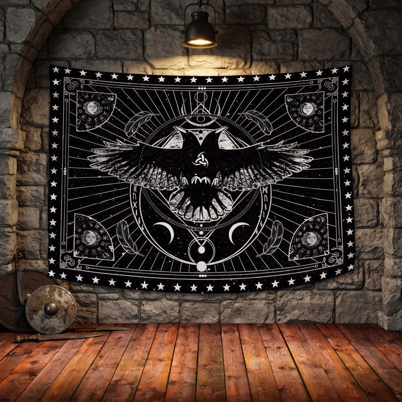 Tenture Viking Corbeau Céleste & Triple Lune — Noir et Blanc