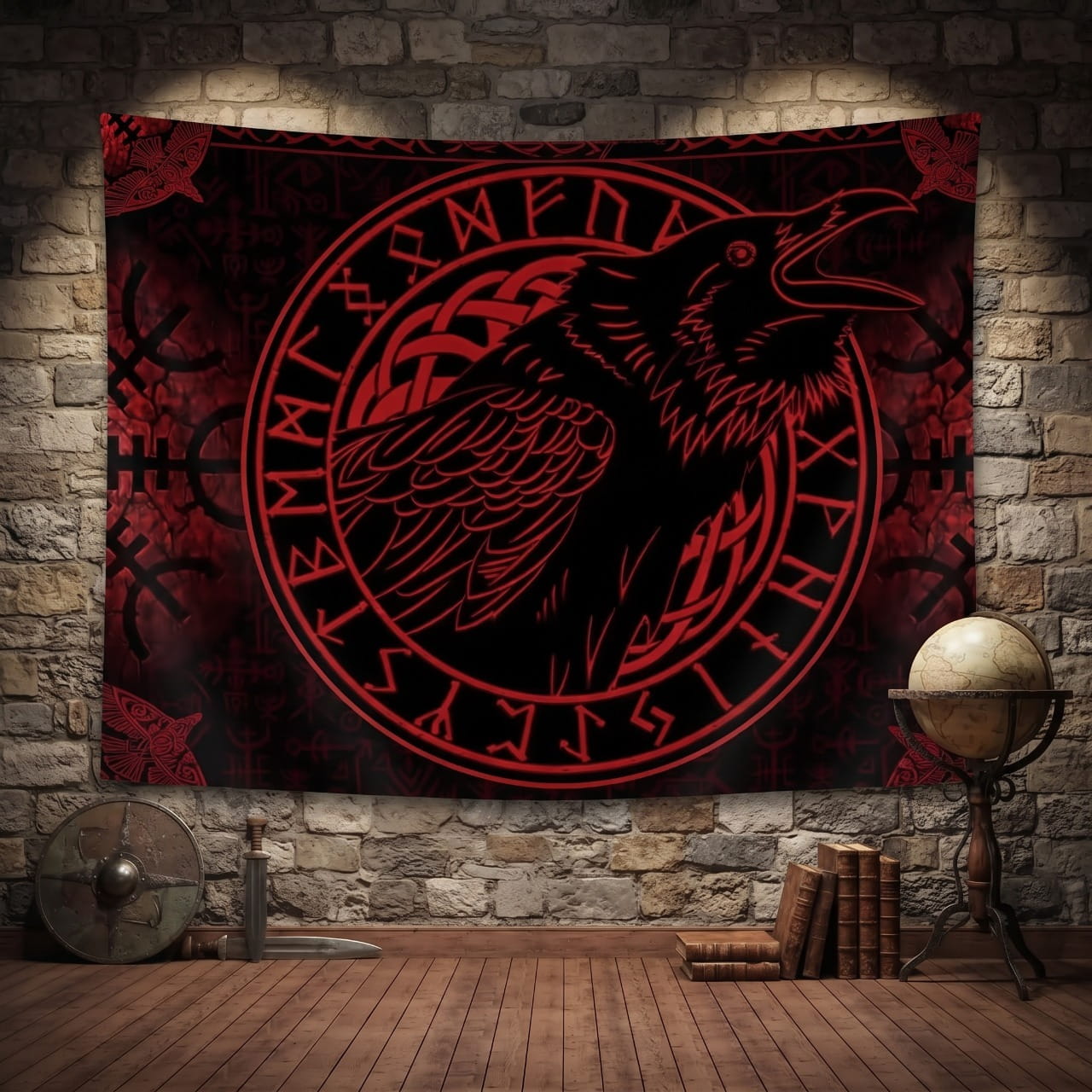 Tenture Viking Corbeau Hurlant & Cercle Runique — Rouge Sang
