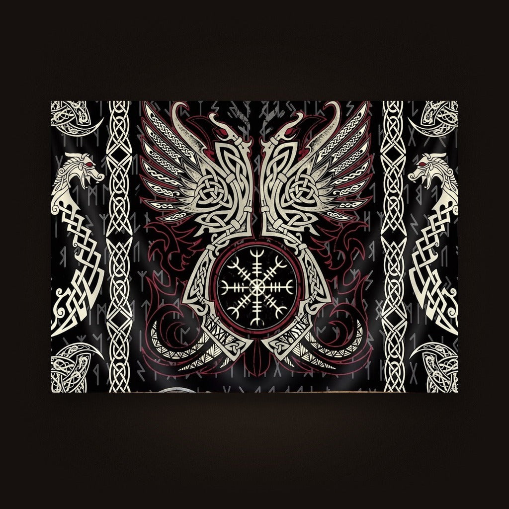 Tenture Viking Corbeaux d'Odin & Casque d'Effroi — Haches Croisées, vue d'ensemble de la tenture à plat