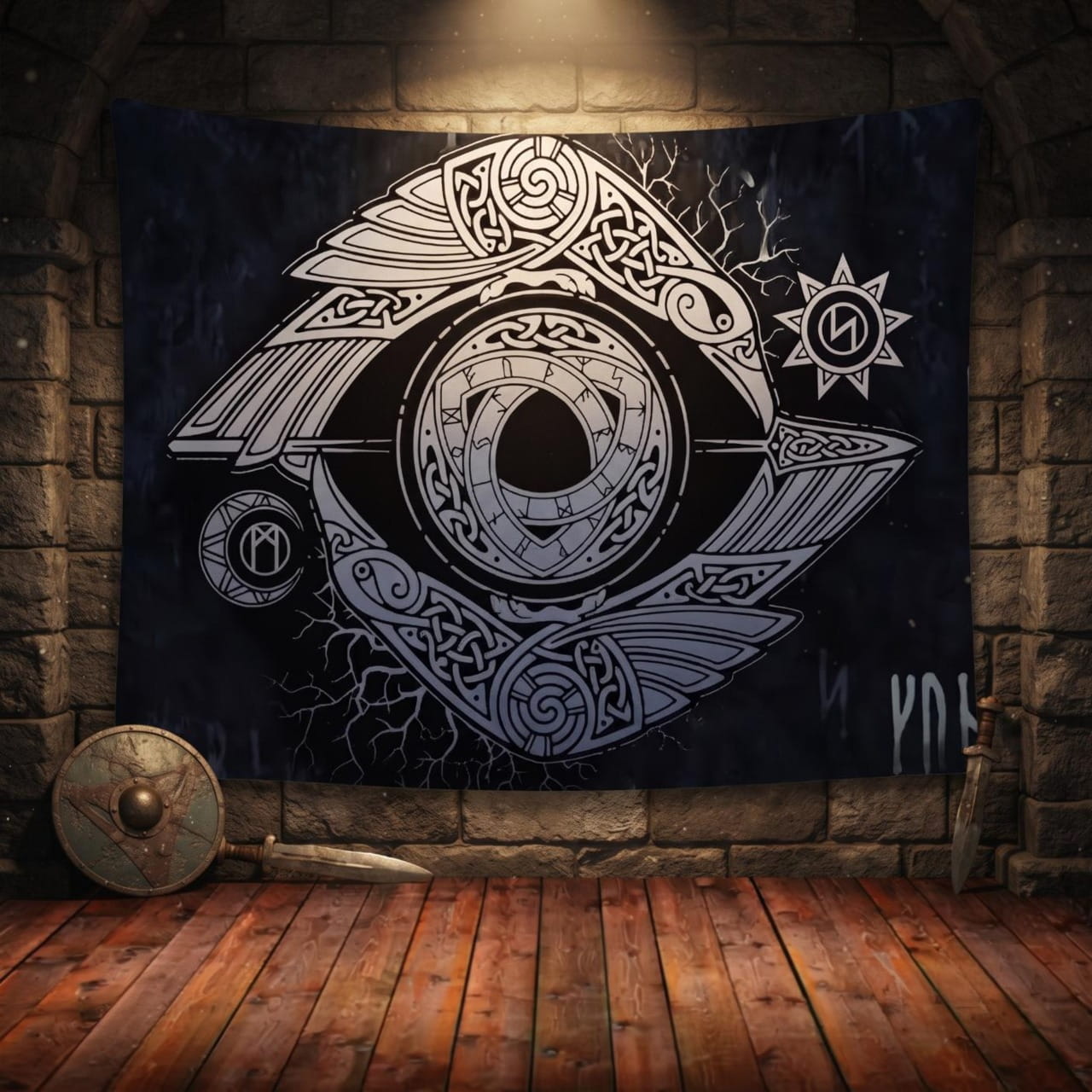 Tenture Viking Œil d'Odin & Corbeaux — Soleil et Lune