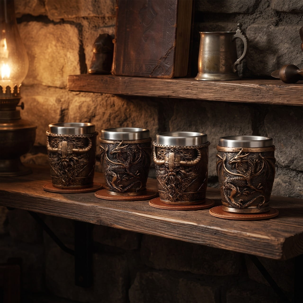 Verres à shot vikings en bronze posés sur une table de bois dans une ambiance de taverne