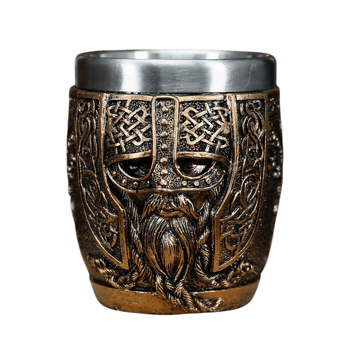 Verre à shot viking casque à entrelacs en résine bronze, godet acier inoxydable 50 ml