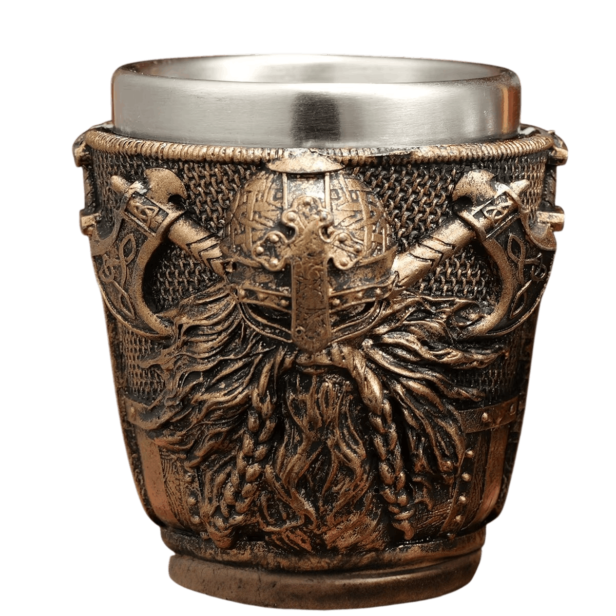 Verre à shot viking guerrier aux haches croisées, résine bronze sculptée