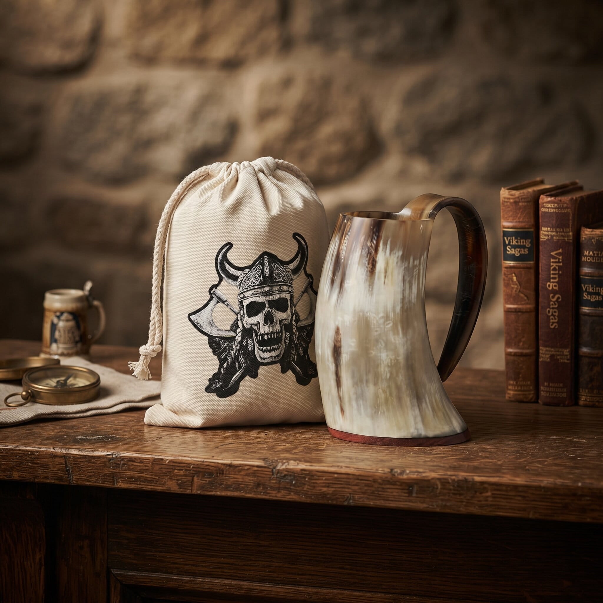 Mug viking en corne de buffle claire, à côté de son sac en toile imprimé, sur une table de bois devant un mur de pierre