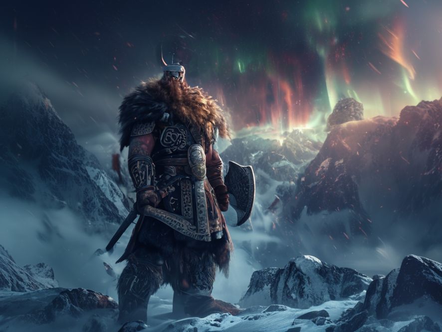 Guerrier viking en armure, hache de bataille à la main, debout sur une montagne enneigée