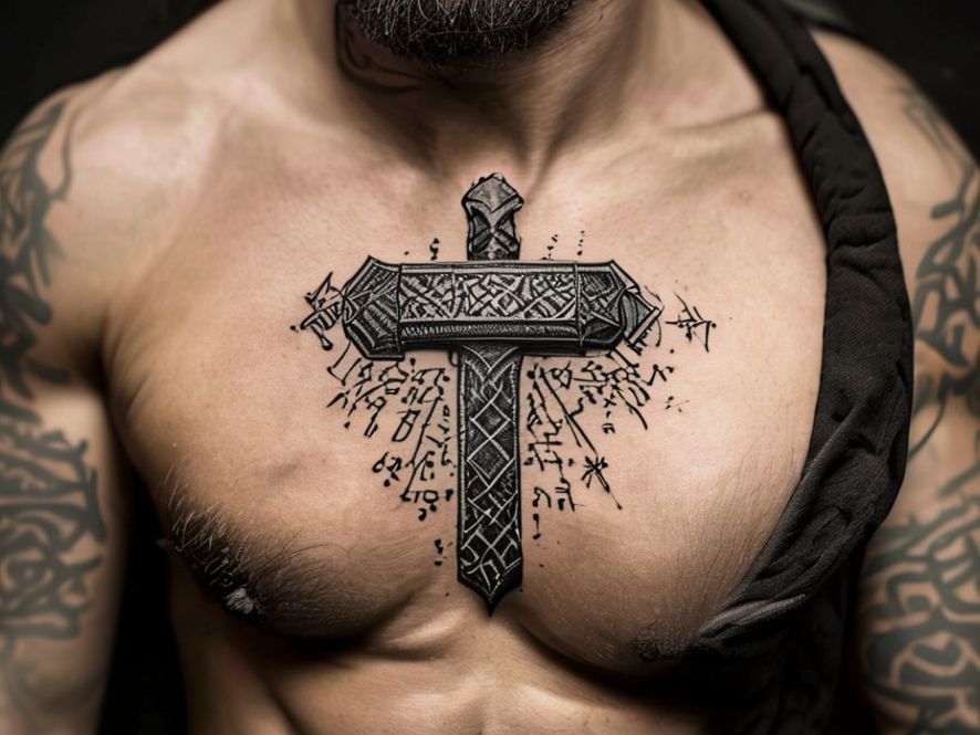 Tatouage du marteau de Thor sur un torse, encre noire, motif nordique entouré de runes