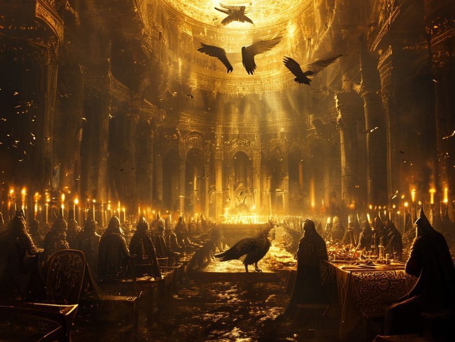 Grande salle du Valhalla baignée de lumière dorée, guerriers einherjar au banquet, corbeaux et loups d'Odin