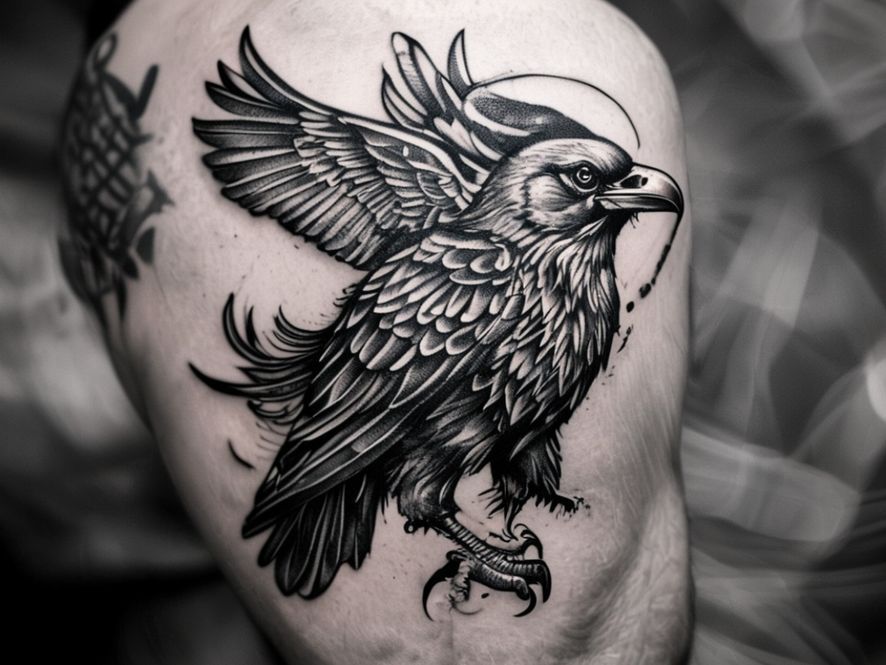 Tatouage discret d'un corbeau sur le haut du bras, encre noire sur la peau