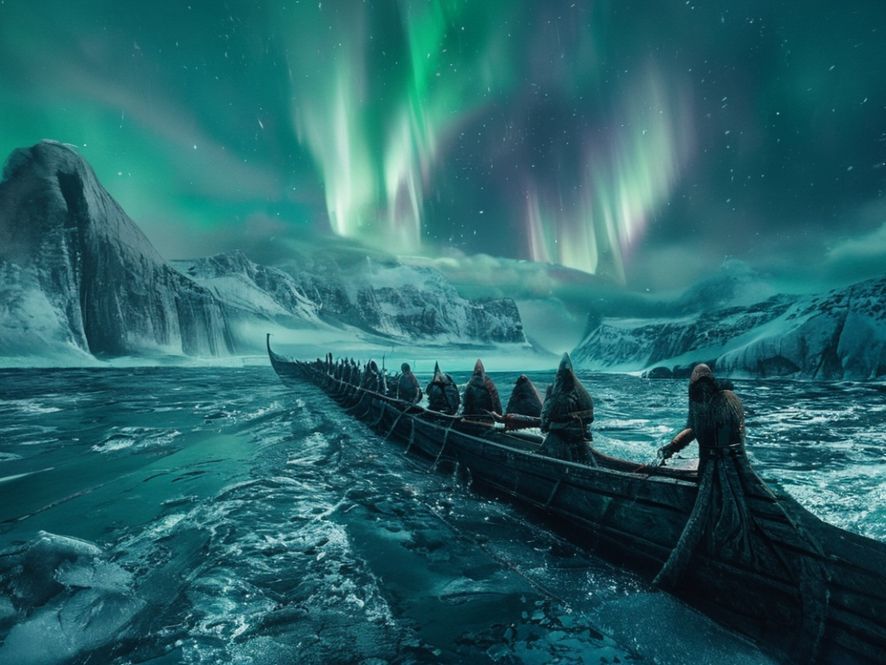 Équipage viking ramant sur un langskip dans des eaux glacées, glaciers et aurore boréale à l'horizon