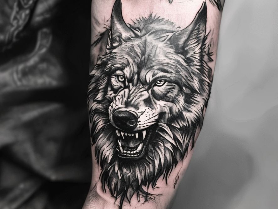 Tatouage du loup Fenrir sur un avant-bras, encre noire, motif de mythologie nordique