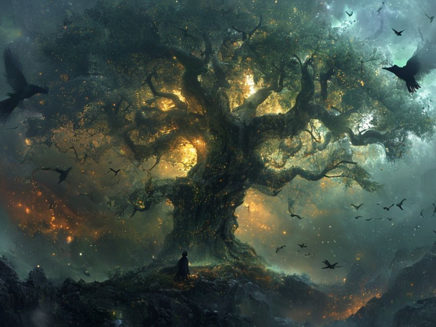 Yggdrasil, l'arbre-monde aux neuf royaumes, entouré des corbeaux d'Odin dans une lumière irréelle