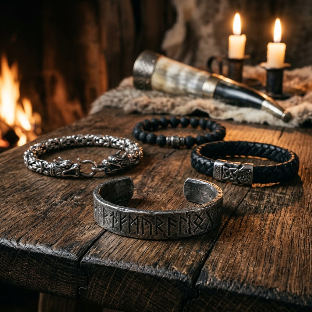 Bracelets vikings en acier, cuir et pierre posés sur une table de chêne à la lueur des bougies