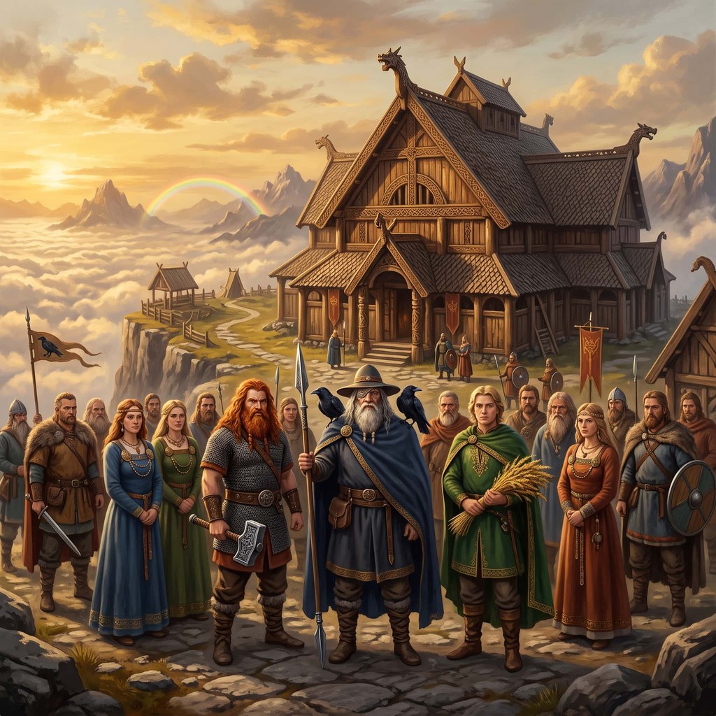 The Norse gods gathered in council in Asgard: Odin, Thor and Freyr before the wooden halls of the world of the Æsir