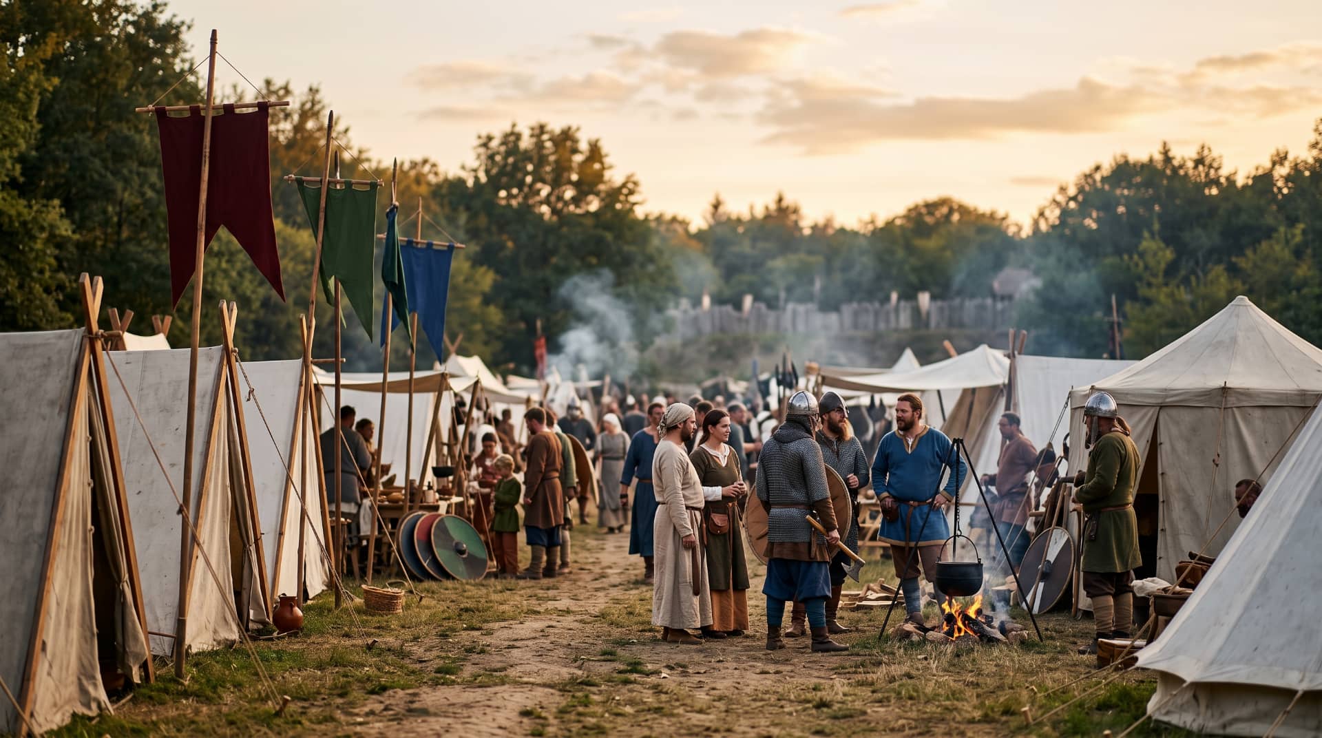 Campement de reconstitution lors d'une fête viking en France, tentes et visiteurs