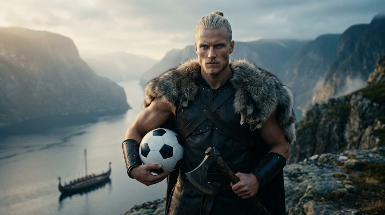 Erling Haaland represente en guerrier viking tenant un ballon et une hache devant un fjord norvegien