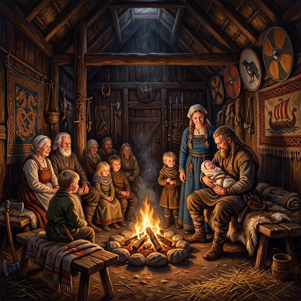 Père viking tenant son nouveau-né près du foyer d'une maison longue, la famille rassemblée pour lui donner son nom
