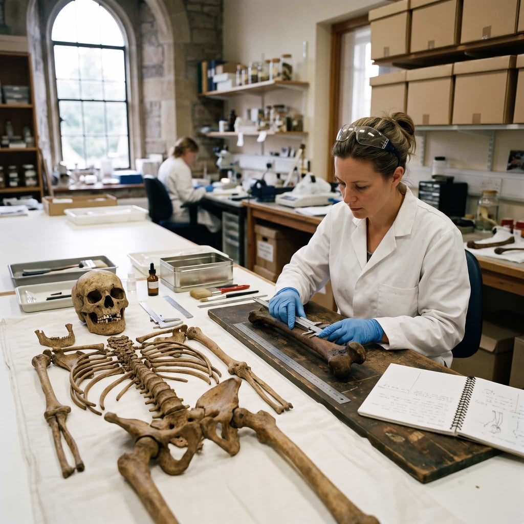 Osteologist measuring a Viking Age femur on an osteometric board, skull and long bones lined up on the lab table