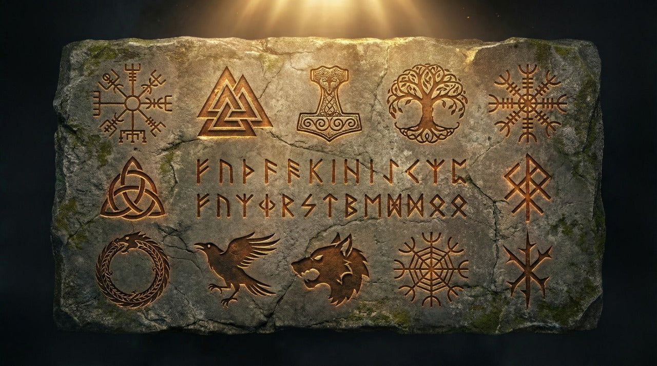 Pierre runique gravée avec les douze symboles vikings Vegvisir Valknut Mjölnir Yggdrasil Aegishjalmur Triquetra runes Futhark Jörmungandr Fenrir corbeaux Odin