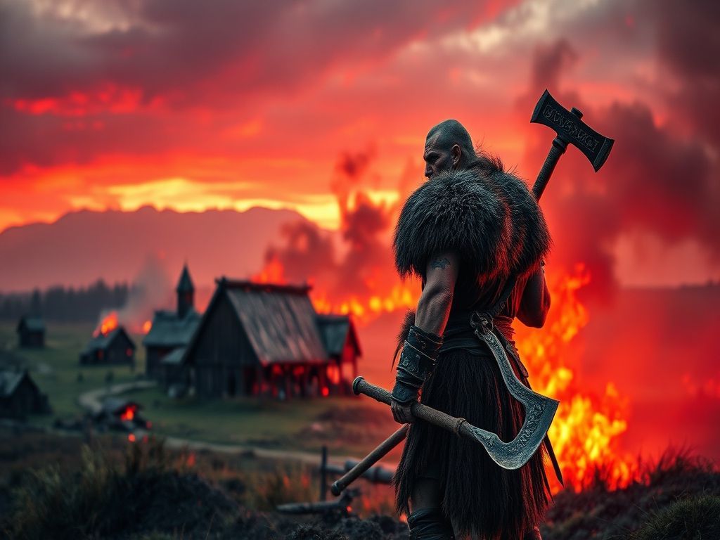 Guerrier viking de dos, hache posée sur l'épaule, face à un village en flammes au couchant