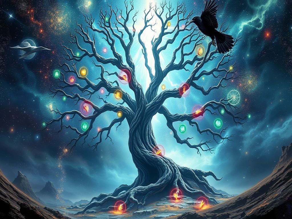 Arbre stylisé aux branches nues parsemées de lumières colorées, corbeau en vol