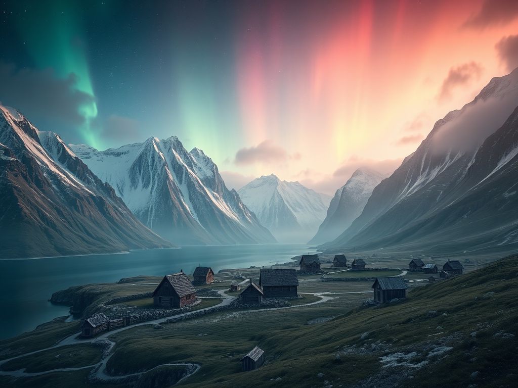 Vallée nordique au crépuscule, village de maisons longues au bord d'un fjord sous une aurore boréale