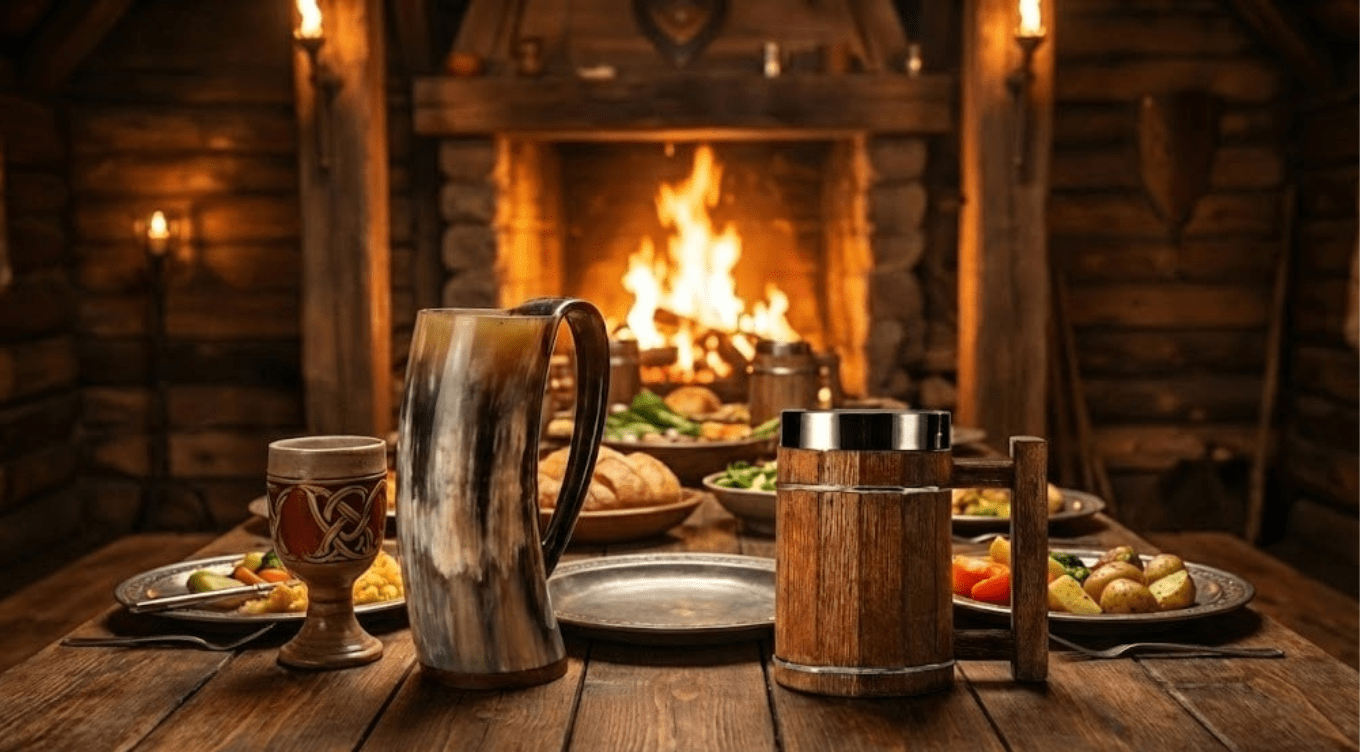 Assortiment complet de chopes vikings, mugs tonneaux en bois et cornes à boire sur une table de banquet médiéval. Trouvez l'accessoire idéal pour accompagner votre bijou viking chez Le Comptoir Viking.