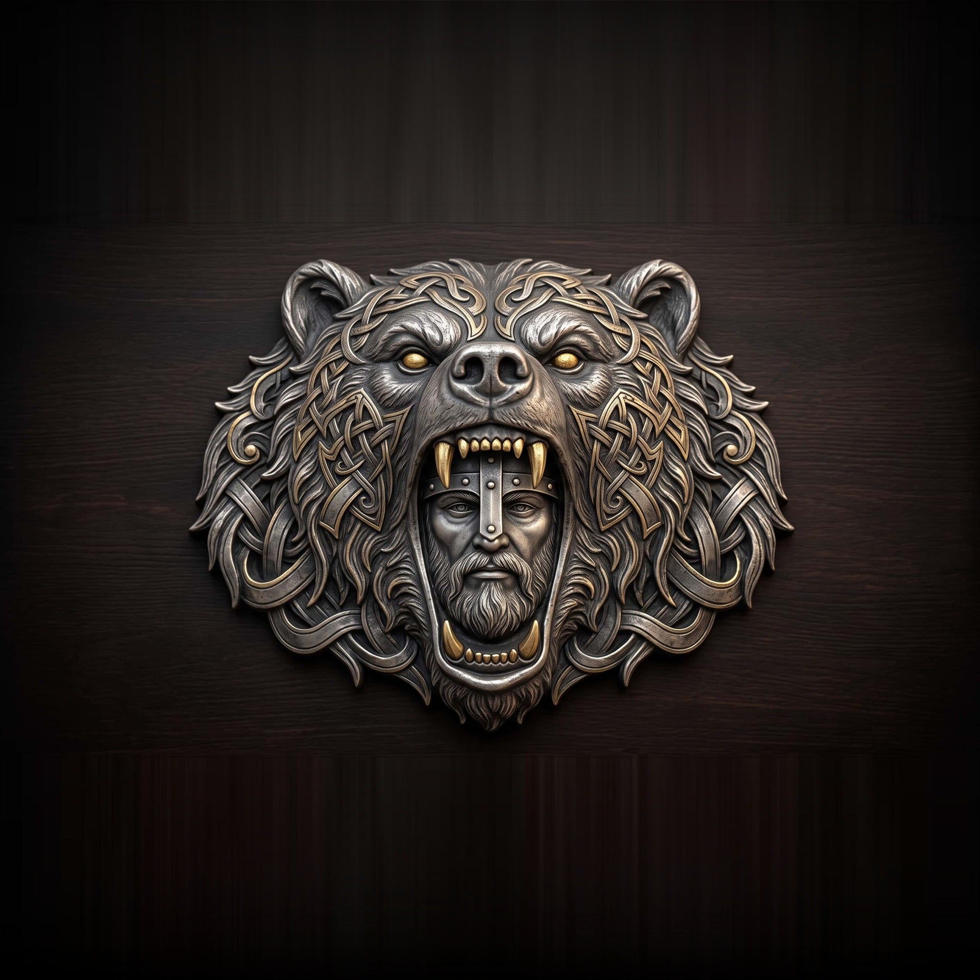 Tête d'ours à la gueule ouverte laissant paraître le visage casqué d'un guerrier berserker