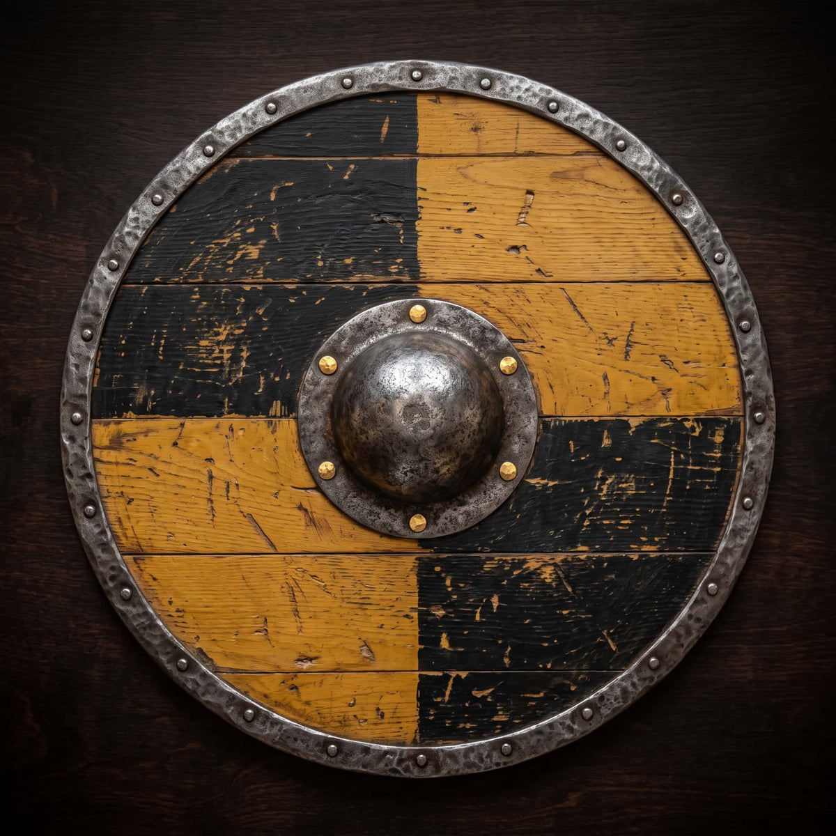 Bouclier viking rond en bois peint, umbo de fer central et bordure cloutée d'argent
