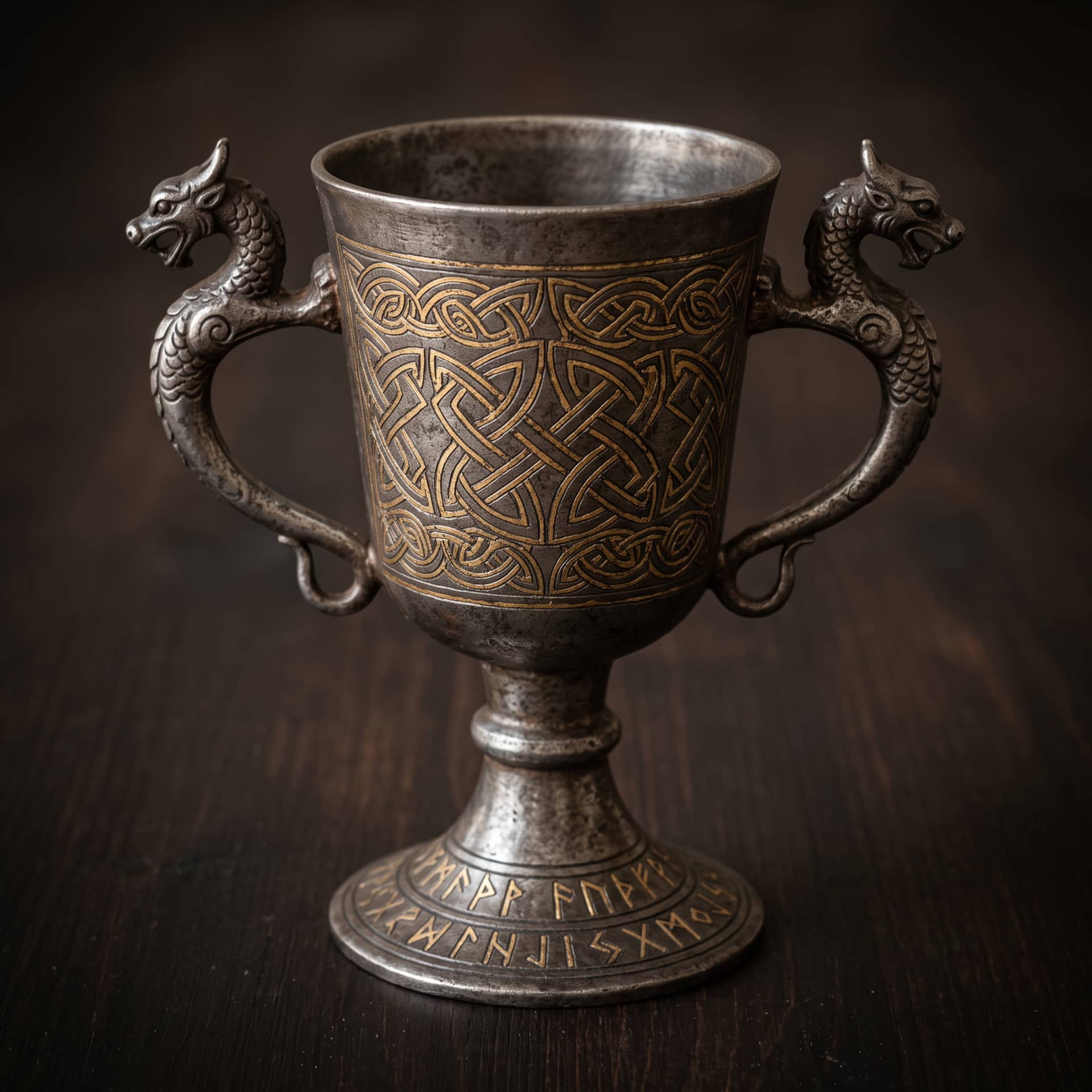 Calice viking en acier aux anses dragons, coupe gravée d'entrelacs dorés