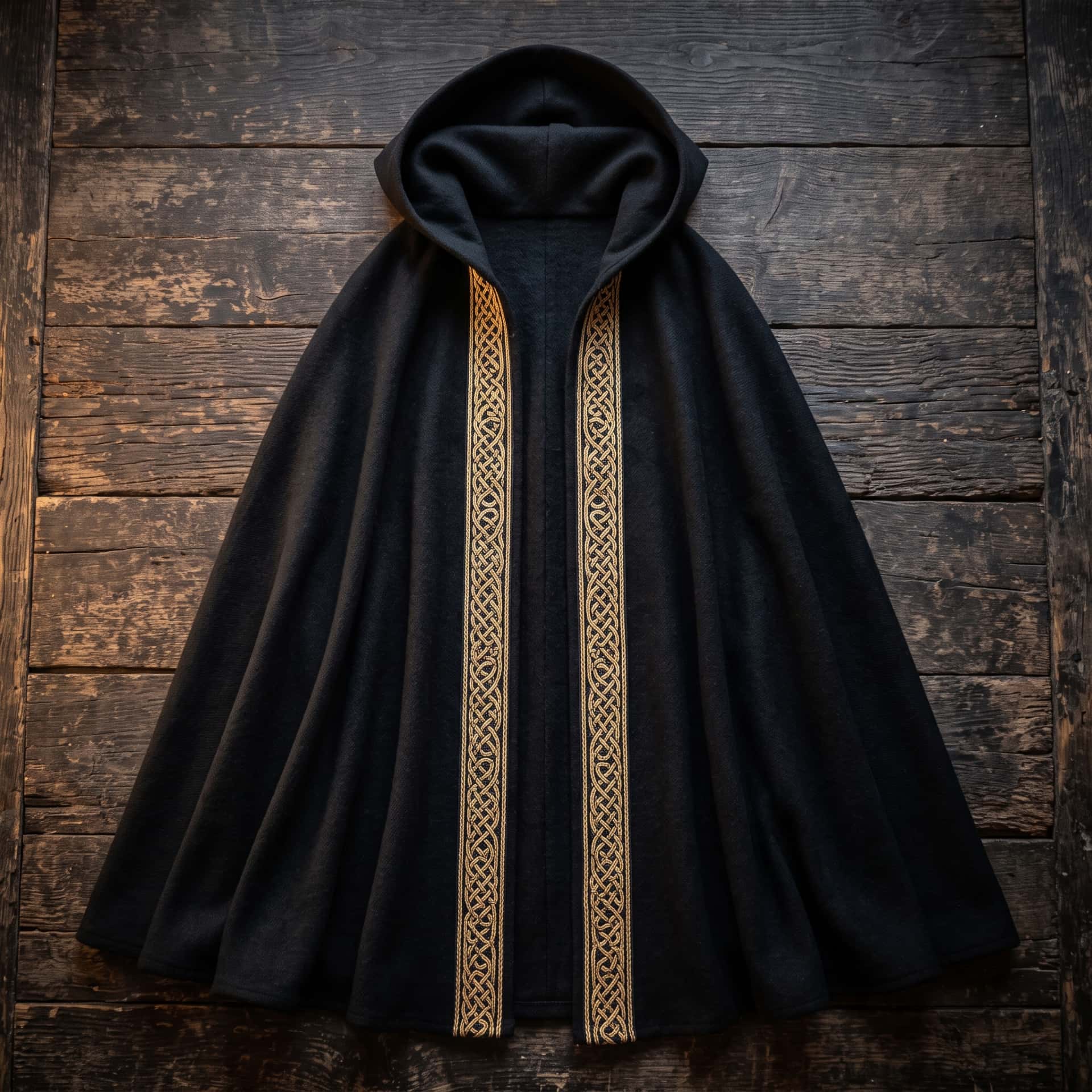 Cape viking noire à capuche posée à plat, galon d’or tissé courant le long des deux bords