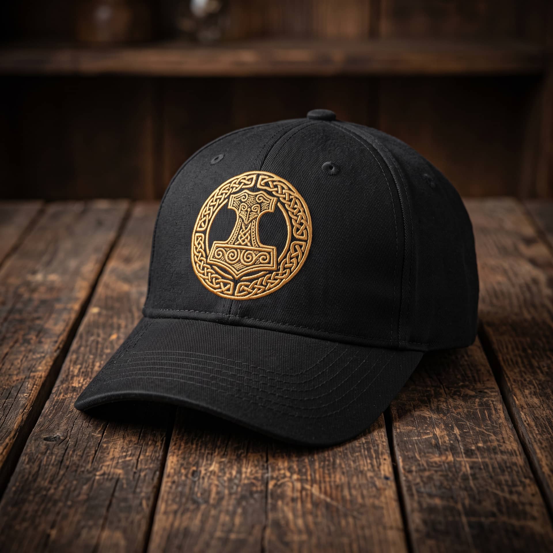 Casquette viking noire brodée d'un Mjölnir doré entouré d'entrelacs