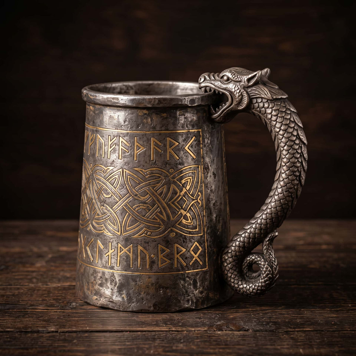 Chope viking massive gravée de runes dorées, anse en dragon mordant le rebord