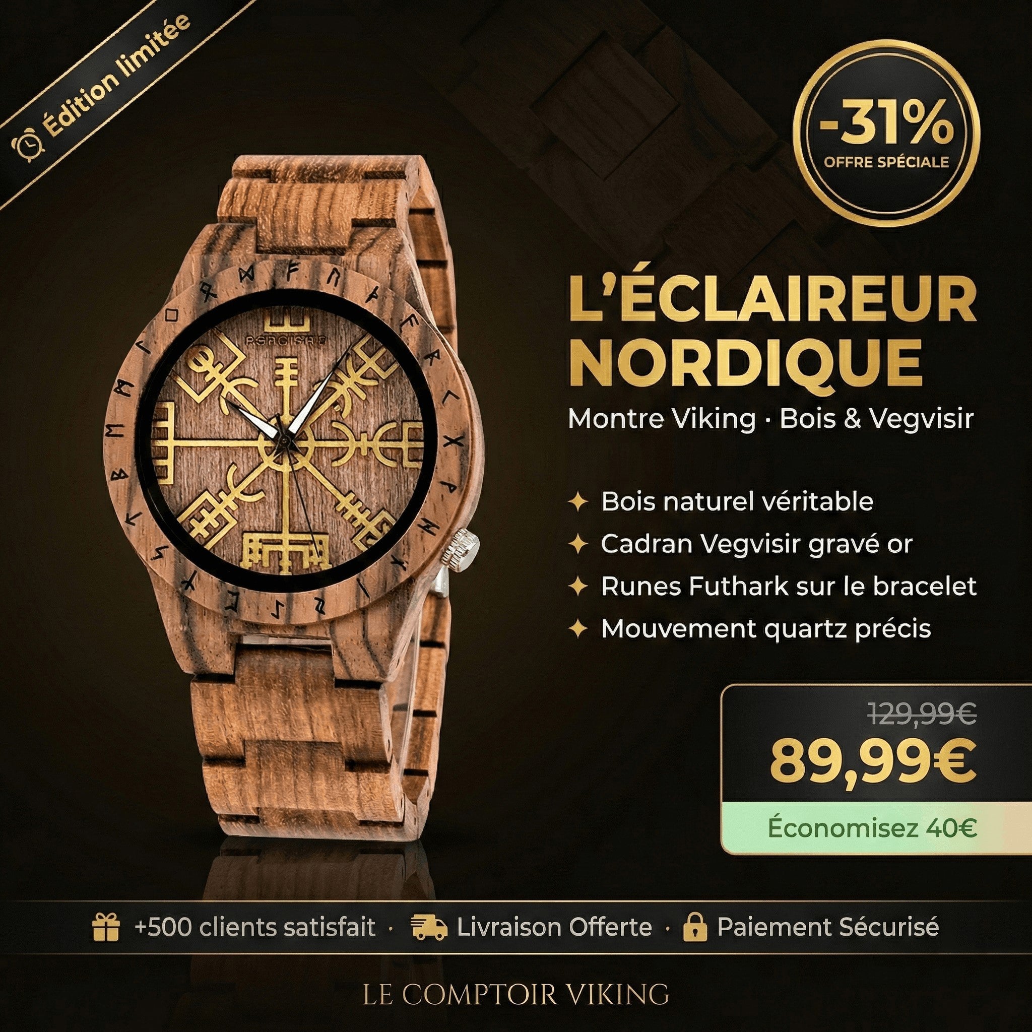 Coffret en bois sculpté présentant deux montres vikings : l'une avec le symbole Vegvísir, l'autre avec Mjölnir. Un ensemble de bijou viking d'exception dans une ambiance nordique.