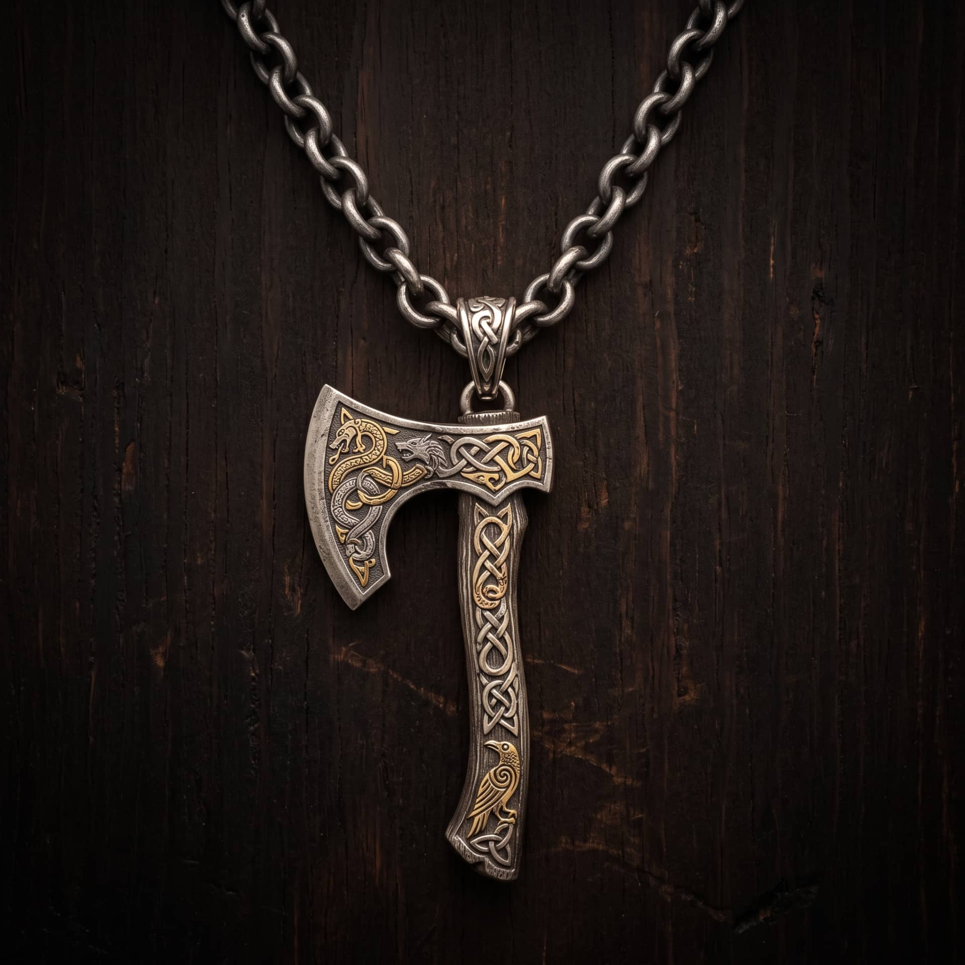 Collier viking en acier, pendentif hache gravé d'entrelacs avec incrustations d'or