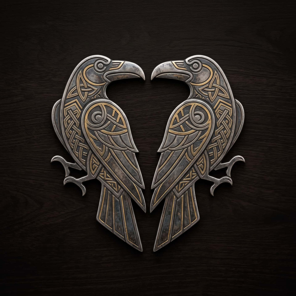 Les deux corbeaux d'Odin Huginn et Muninn face à face, gravés d'entrelacs scandinaves