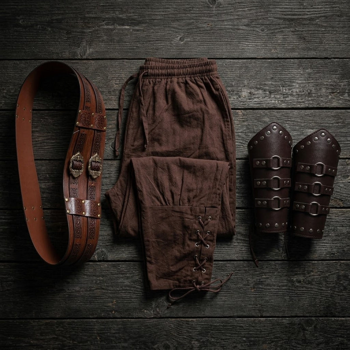Pantalon viking marron plié, paire de brassards et ceinture large à entrelacs posés sur des planches de bois sombre